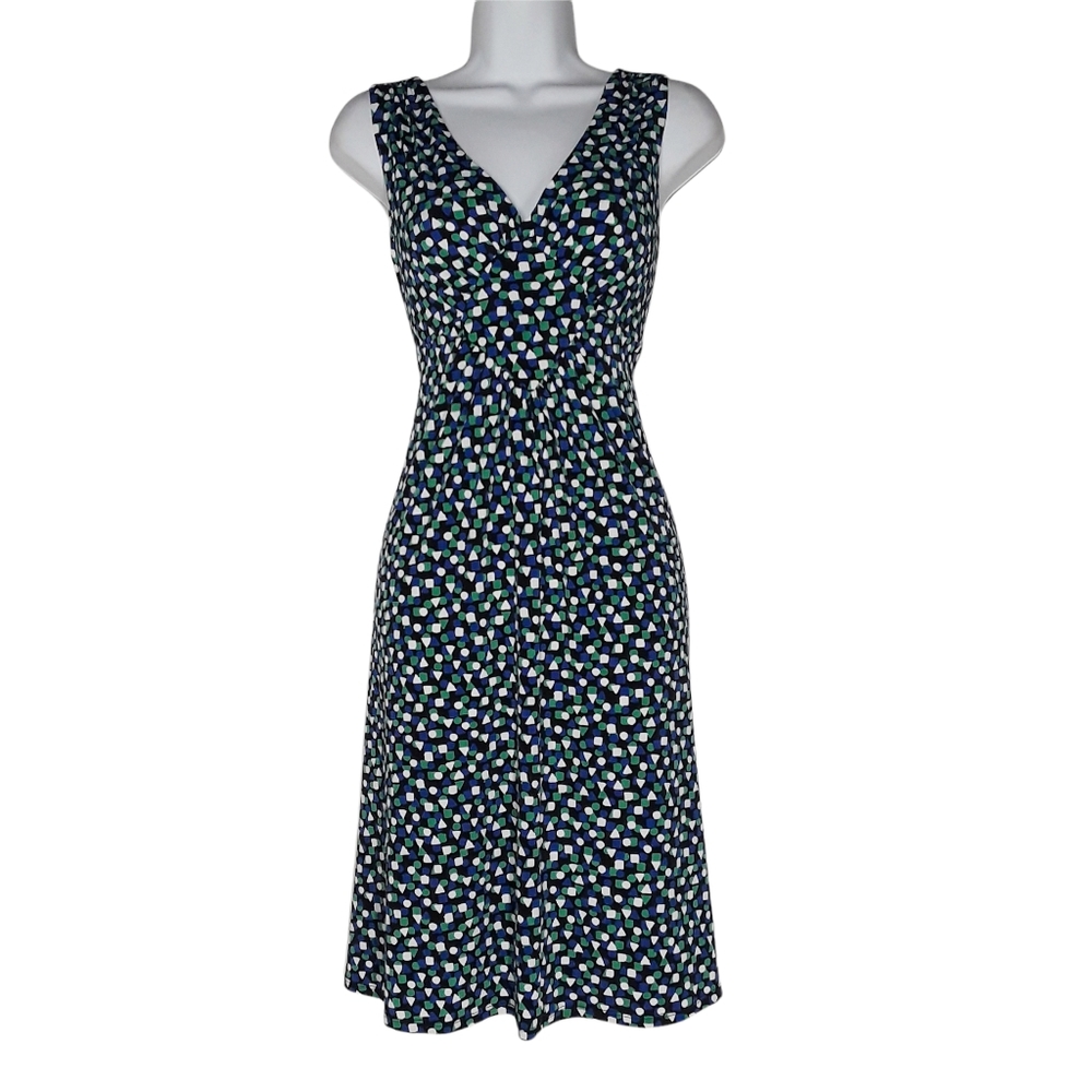 GEGRGE STRETCH Blue Green Black Print Diamond Sleeveless Swing Midi Dress Small